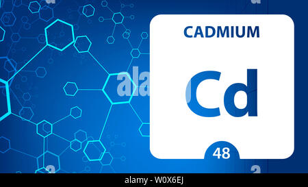 Cadmium 48 element. Alkaline earth metals. Chemical Element of Mendeleev Periodic Table. Cadmium in square cube creative concept. Chemical, laboratory Stock Photo