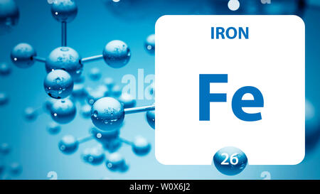 Iron Fe, chemical element sign. 3D rendering isolated on white background. Iron chemical 26 element for science experiments in classroom science camp Stock Photo