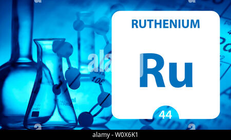 Ruthenium Ru, chemical element sign. 3D rendering isolated on white background. Ruthenium chemical 44 element for science experiments in classroom sci Stock Photo