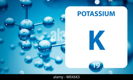 Potassium K, chemical element sign. 3D rendering isolated on white background. Potassium chemical 19 element for science experiments in classroom scie Stock Photo