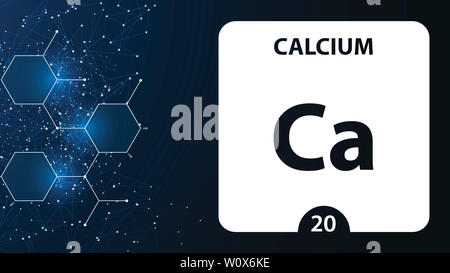 Calcium 20 element. Alkaline earth metals. Chemical Element of Mendeleev Periodic Table. Calcium in square cube creative concept. Chemical, laboratory Stock Photo