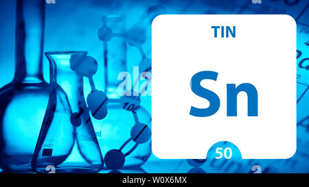 Tin Sn, chemical element sign. 3D rendering isolated on white background. Tin chemical 50 element for science experiments in classroom science camp Stock Photo