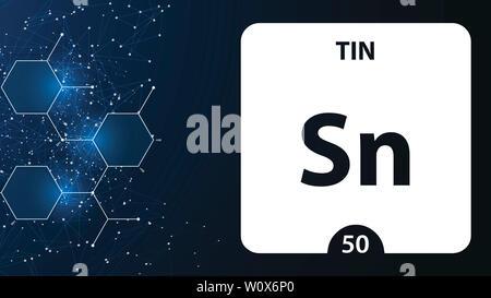 Tin 50 element. Alkaline earth metals. Chemical Element of Mendeleev Periodic Table. Tin in square cube creative concept. Chemical, laboratory and sci Stock Photo