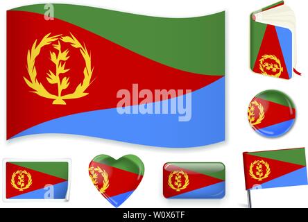 Eritrea national flag. Vector illustration. 3 layers. Shadows, flat flag, lights and shadows. Collection of 220 world flags. Accurate colors. Easy changes. Stock Vector
