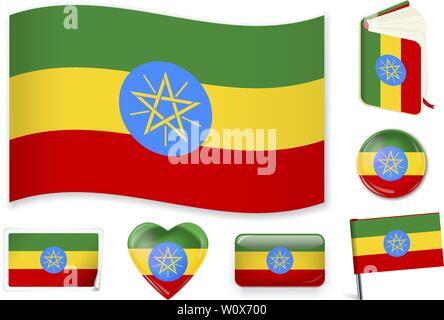 Ethiopian national flag. Vector illustration. 3 layers. Shadows, flat flag, lights and shadows. Collection of 220 world flags. Accurate colors. Easy changes. Stock Vector