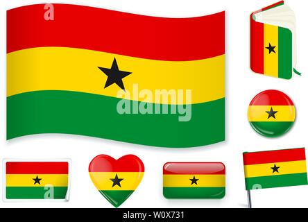 Ghana national flag. Vector illustration. 3 layers. Shadows, flat flag, lights and shadows. Collection of 220 world flags. Accurate colors. Easy changes. Stock Vector