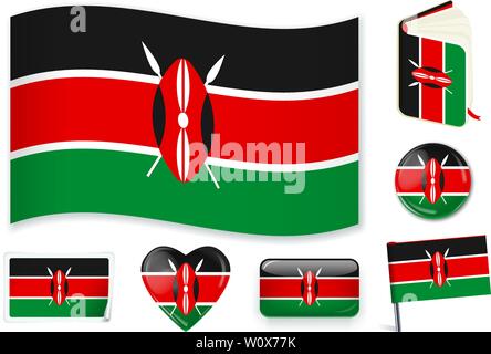 Kenyan national flag. Vector illustration. 3 layers. Shadows, flat flag, lights and shadows. Collection of 220 world flags. Accurate colors. Easy changes. Stock Vector