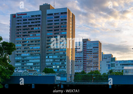 Augsburg, Germany- June 23, 2019: Sunset at the housing block Schwabencenter in Augsburg, Germany Stock Photo