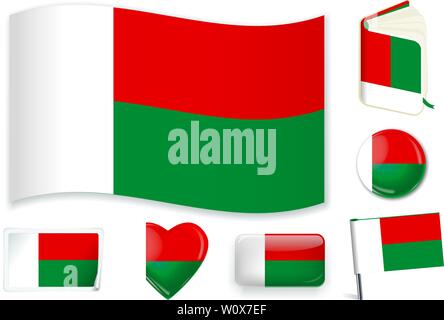 Madagascar national flag. Vector illustration. 3 layers. Shadows, flat flag, lights and shadows. Collection of 220 world flags. Accurate colors. Easy changes. Stock Vector