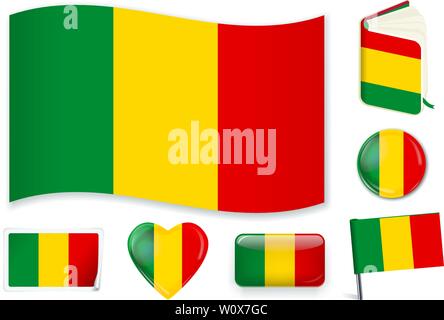 Mali national flag. Vector illustration. 3 layers. Shadows, flat flag, lights and shadows. Collection of 220 world flags. Accurate colors. Easy changes. Stock Vector