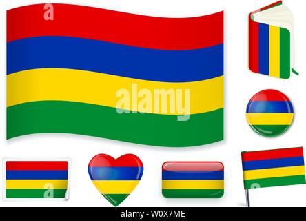 Mauritius national flag. Vector illustration. 3 layers. Shadows, flat flag, lights and shadows. Collection of 220 world flags. Accurate colors. Easy changes. Stock Vector