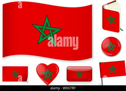 Moroccan national flag. Vector illustration. 3 layers. Shadows, flat flag, lights and shadows. Collection of 220 world flags. Accurate colors. Easy changes. Stock Vector