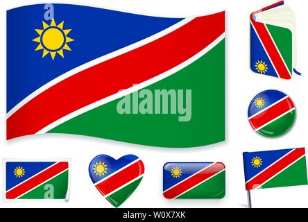 Namibian national flag. Vector illustration. 3 layers. Shadows, flat flag, lights and shadows. Collection of 220 world flags. Accurate colors. Easy changes. Stock Vector