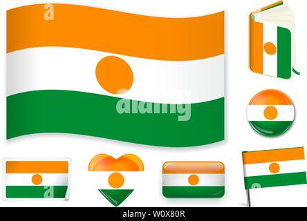 Niger national flag. Vector illustration. 3 layers. Shadows, flat flag, lights and shadows. Collection of 220 world flags. Accurate colors. Easy changes. Stock Vector