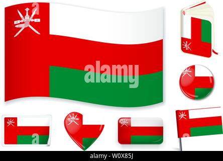 Oman national flag. Vector illustration. 3 layers. Shadows, flat flag, lights and shadows. Collection of 220 world flags. Accurate colors. Easy changes. Stock Vector