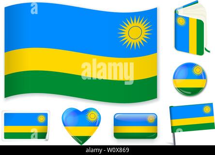 Rwanda national flag. Vector illustration. 3 layers. Shadows, flat flag, lights and shadows. Collection of 220 world flags. Accurate colors. Easy changes. Stock Vector