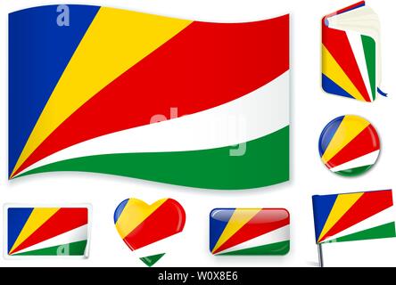 Seychelles national flag. Vector illustration. 3 layers. Shadows, flat flag, lights and shadows. Collection of 220 world flags. Accurate colors. Easy changes. Stock Vector