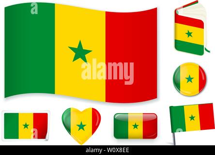 Senegalese national flag. Vector illustration. 3 layers. Shadows, flat flag, lights and shadows. Collection of 220 world flags. Accurate colors. Easy changes. Stock Vector