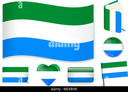 Sierra Leone national flag. Vector illustration. 3 layers. Shadows, flat flag, lights and shadows. Collection of 220 world flags. Accurate colors. Easy changes. Stock Vector