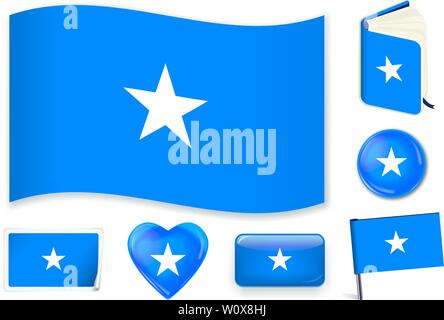 Somalian national flag. Vector illustration. 3 layers. Shadows, flat flag, lights and shadows. Collection of 220 world flags. Accurate colors. Easy changes. Stock Vector