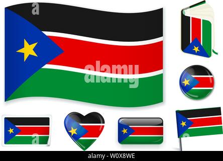South Sudanese national flag. Vector illustration. 3 layers. Shadows, flat flag, lights and shadows. Collection of 220 world flags. Accurate colors. Easy changes. Stock Vector