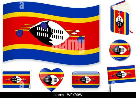 Swaziland national flag. Vector illustration. 3 layers. Shadows, flat flag, lights and shadows. Collection of 220 world flags. Accurate colors. Easy changes. Stock Vector