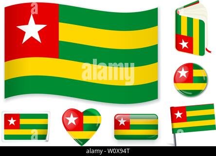 Togo national flag. Vector illustration. 3 layers. Shadows, flat flag, lights and shadows. Collection of 220 world flags. Accurate colors. Easy changes. Stock Vector