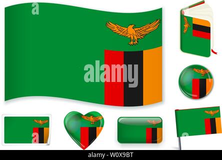 Zambian national flag. Vector illustration. 3 layers. Shadows, flat flag, lights and shadows. Collection of 220 world flags. Accurate colors. Easy changes. Stock Vector