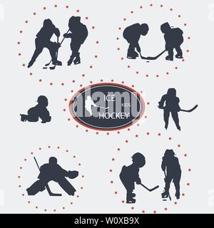 Vector silhouettes of kids ice hockey players Stock Vector