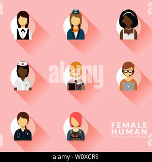 vector of icons for different woman occupation icon collection set. professions icons set. flat design. vector illustration Stock Vector