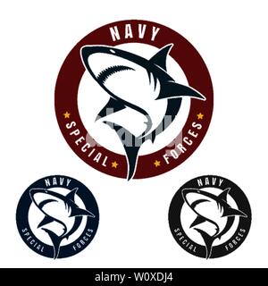 Graphic design of jumping shark in military style. Vector illustration. Stock Vector