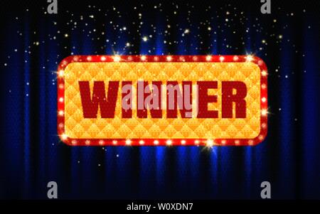 Winner frame label with falling confetti. Light Bulb Frame on Blue Curtain Background with wording Winner. Vector Illustration. Stock Vector