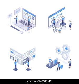 Programming and coding isometric illustrations set. Software optimization, web designers creating mobile app interface isolated cliparts pack. Programmers and developers teamwork 3d cartoon characters Stock Vector