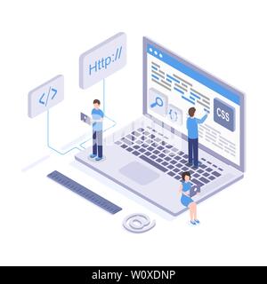 Software development vector isometric illustration. Programming and coding technologies, website, mobile app creating. IT studio specialists, coders using programming languages 3d cartoon characters Stock Vector