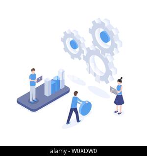 Software optimization vector isometric illustration. SEO, digital marketing research, analytics and statistics, mobile app engineering clipart. Analysts and marketers analyzing diagram 3d characters Stock Vector