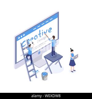 Web design studio vector isometric illustration. Graphic designer creating homepage, mobile app interface, searching ideas and solutions isolated clipart. UI, UX development 3d drawing Stock Vector