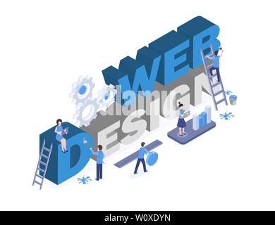 Web design banner vector template. Graphic and digital design studio workers teamworking, searching creative solutions 3d characters. Mobile app interface development, market analysis illustration Stock Vector