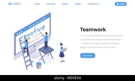 Web designers teamwork isometric landing page. Digital and graphic design studio workers creating homepage, mobile app interface homepage vector layout. UI, UX development 3d illustration Stock Vector