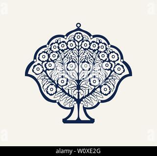 Indigo dye wood block printed floral composition. Traditional ethnic motif of North India with a blossoming tree, navy blue on ecru background. Stock Vector