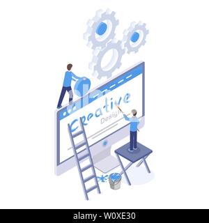 Web design, software optimization isometric illustration. Graphic and digital designers creating website homepage, mobile app interface isolated clipart. UI, UX development 3d drawing Stock Vector