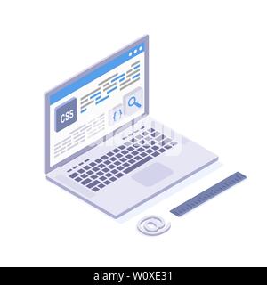 Software coding vector isometric illustration. CSS programming language, website development, mobile app creating. Coder, programmer, IT studio specialist laptop 3d isolated clipart Stock Vector