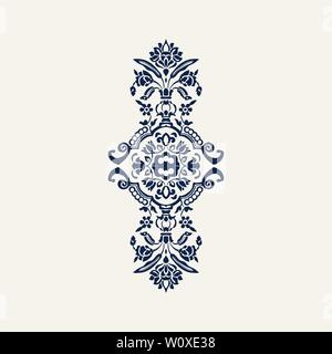 Indigo dye wood block printed kaleidoscope floral composition. Traditional ethnic motif of North India, navy blue on ecru background. Stock Vector