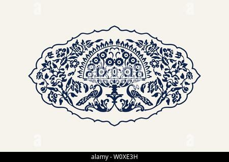 Indigo dye wood block printed floral composition. Traditional ethnic motif of India with flowers and peacocks, navy blue on ecru background. Stock Vector