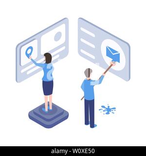 Software interface development vector isometric illustration. IT specialist testing mobile application, web designer creating ui, ux design 3d characters. App developers, programmers coworking Stock Vector