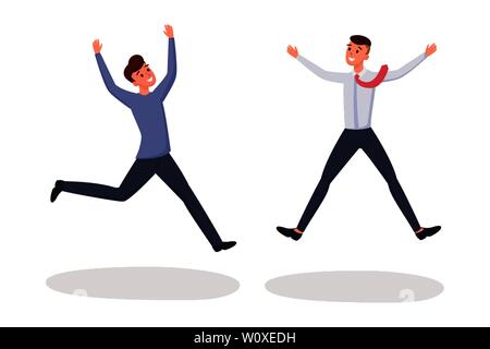 Two friends jumping flat vector illustration. Excited young men, office workers, colleagues, brothers cartoon characters. Managers rejoicing, cheering, celebrating isolated on white background Stock Vector