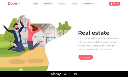 Real estate flat landing page vector template. Young people, husband and wife moving to house website, webpage. Cheerful family couple cartoon characters jumping outside new home Stock Vector