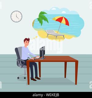 Thinking about holidays flat vector illustration. Relaxed office worker, project manager, programmer, boss cartoon character dreaming about vacation. Middle aged man sitting at desk Stock Vector
