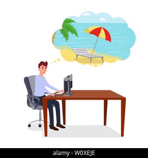 Thinking about holidays flat vector illustration. Smiling happy entrepreneur, office worker, manager, programmer at workplace cartoon character. Young man at work dreams of summer vacation Stock Vector