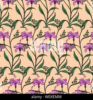 Woodblock printed seamless all over ethnic floral pattern. Traditional oriental motif of India Mogul with bouquets of pink  on ecru background. Stock Vector