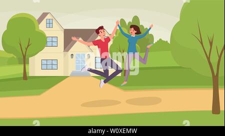 Jumping people flat vector illustration. Excited husband and wife, man and woman, friends cartoon characters having fun. Happy couple leaping near house among trees, real estate Stock Vector
